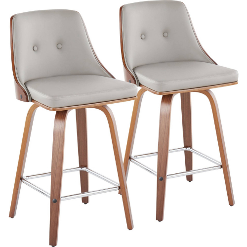 Gianna Swivel Counter Stool in Walnut Wood & Light Grey Leatherette w/ Chrome Footrest (Set of 2)